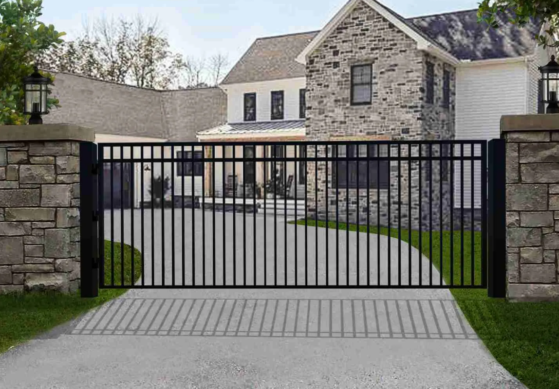 Technician performing professional gate repair outside a residential property with Alum Creek Garage Doors Repair branded tools in use